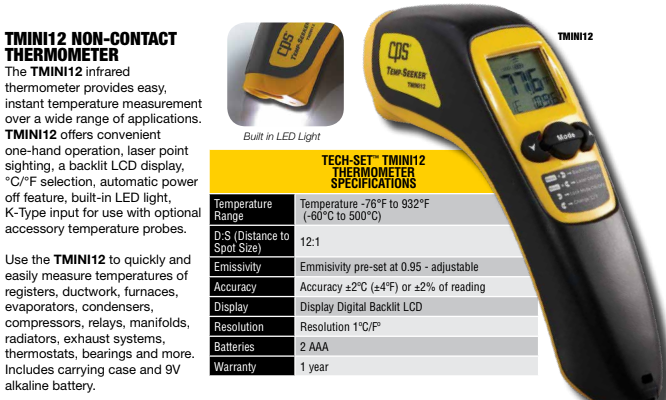 especificaciones técnicas Termómetro Laser Digital TMINI12 CPS